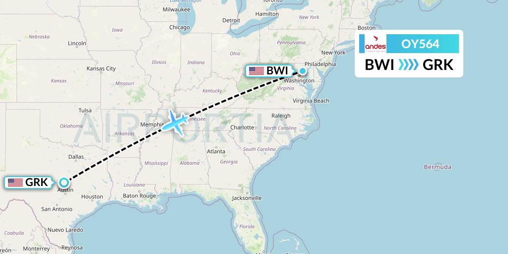 OY564 Omni Air International Flight Map: Baltimore to Killeen