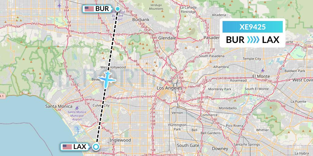 XE9425 Jsx Flight Map: Burbank to Los Angeles