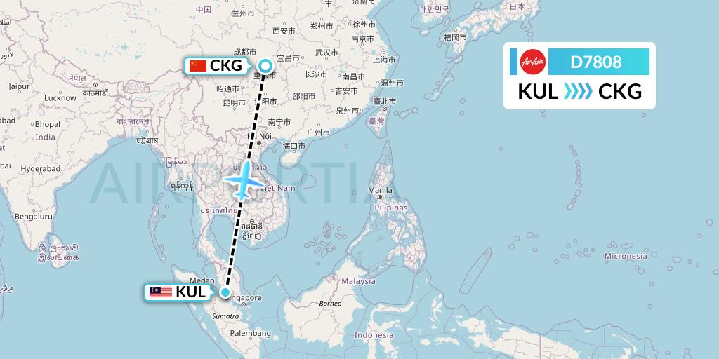D7808 AirAsia X Flight Map: Kuala Lumpur to Chongqing
