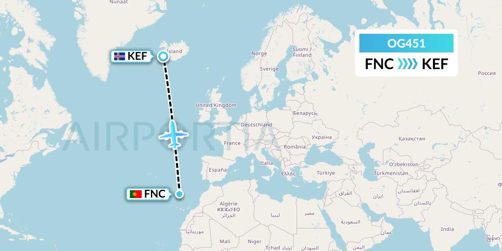 OG451 Fly Play Flight Map: Funchal to Reykjavik