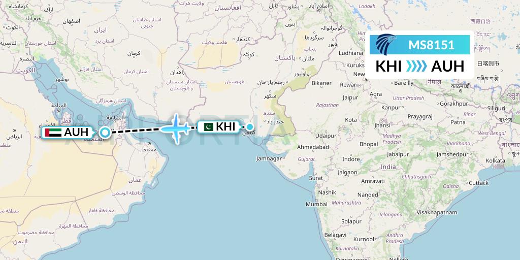 MS8151 EgyptAir Flight Map: Karachi to Abu Dhabi