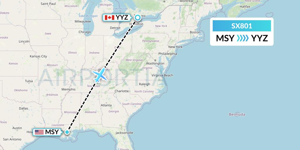 SX801 Flygta Airlines Flight Map: New Orleans to Toronto