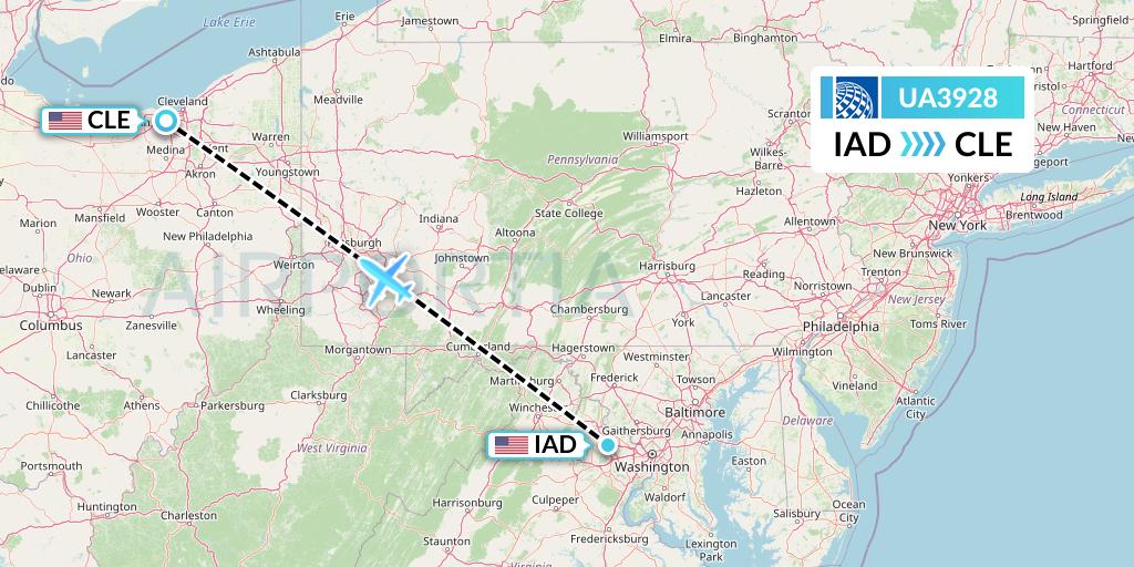 UA3928 United Airlines Flight Map: Washington to Cleveland