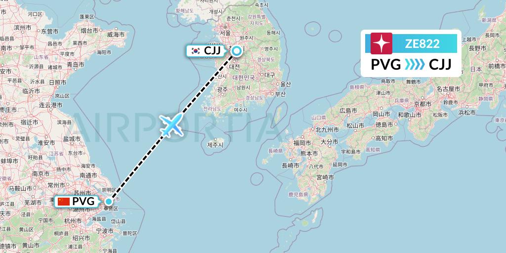 ZE822 Eastar Jet Flight Map: Shanghai to Cheongju