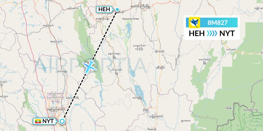 8M827 Myanmar Airways International Flight Map: Heho to Naypyidaw 