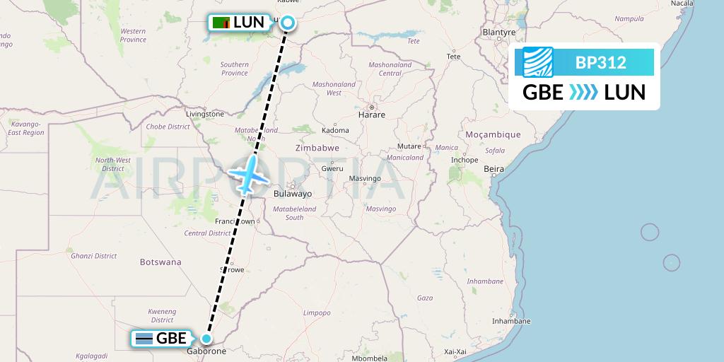 BP312 Air Botswana Flight Map: Gaborone to Lusaka