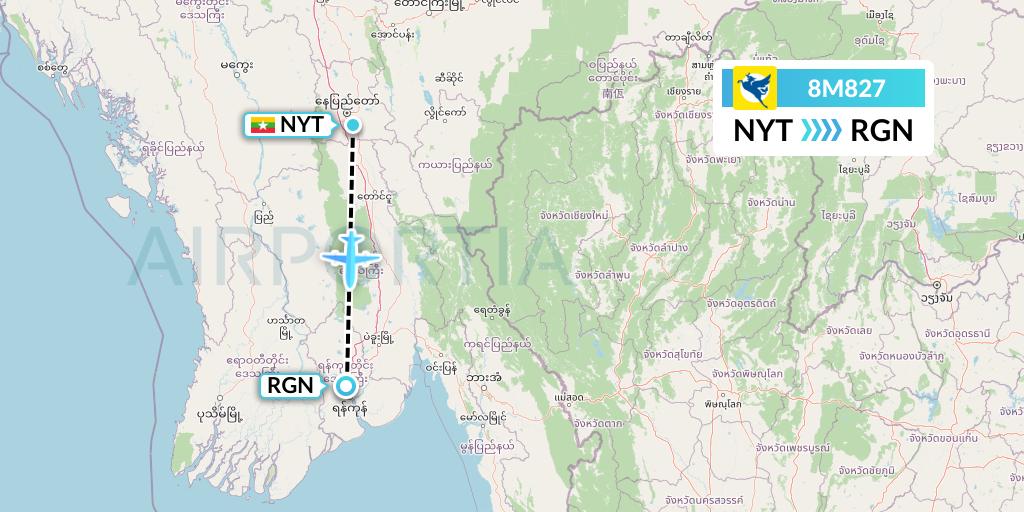 8M827 Myanmar Airways International Flight Map: Naypyidaw to Yangon