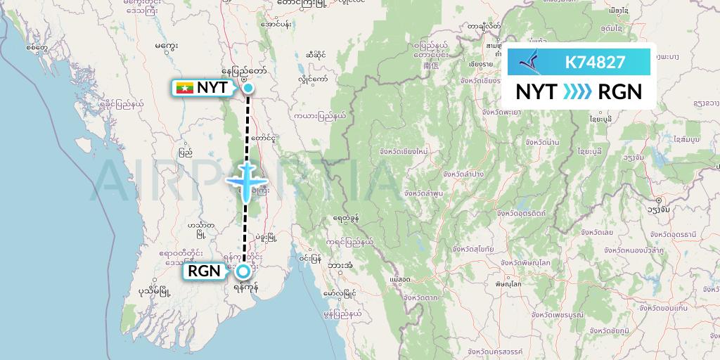 K74827 Air KBZ Flight Map: Naypyidaw to Yangon