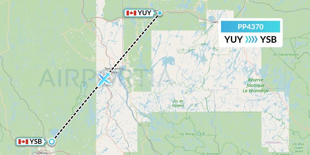 PP4370 Jet Aviation Business Jets Flight Map: Rouyn to Sudbury
