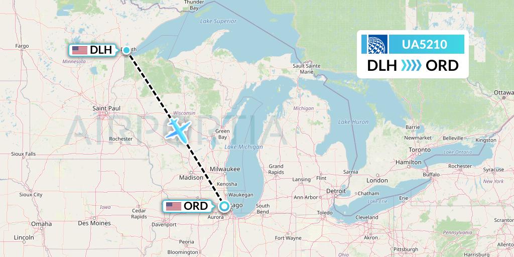 UA5210 United Airlines Flight Map: Duluth to Chicago