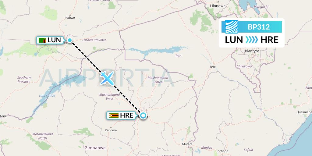 BP312 Air Botswana Flight Map: Lusaka to Harare
