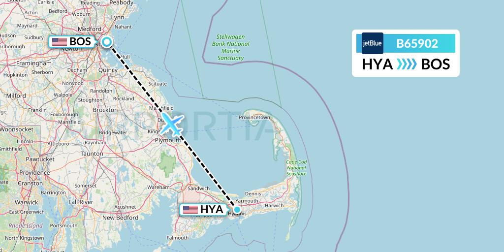 B65902 JetBlue Airways Flight Map: Hyannis to Boston