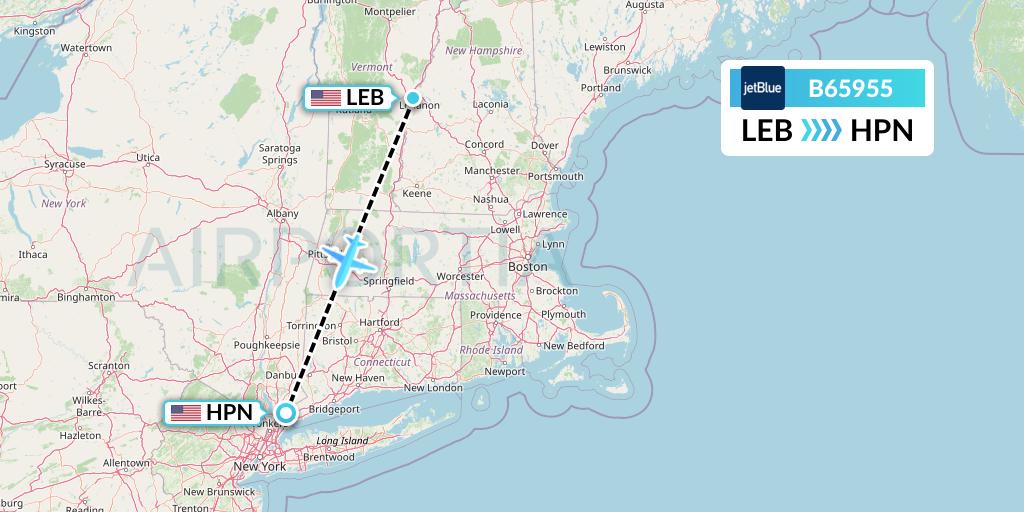 B65955 JetBlue Airways Flight Map: Lebanon to White Plains