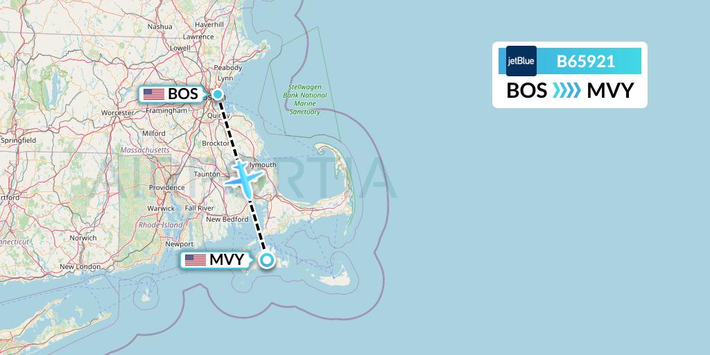 B65921 JetBlue Airways Flight Map: Boston to Martha's Vineyard