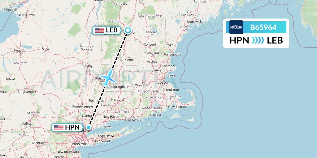 B65964 JetBlue Airways Flight Map: White Plains to Lebanon