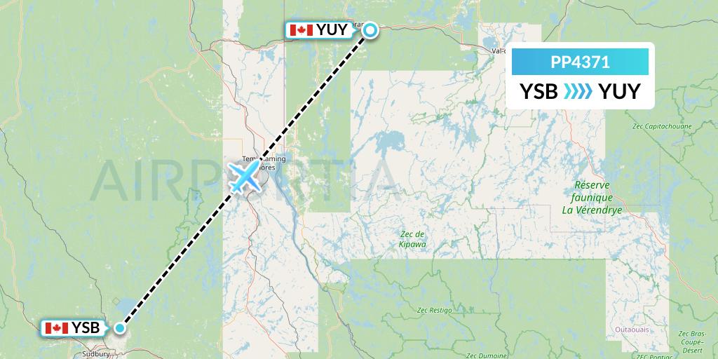 PP4371 Jet Aviation Business Jets Flight Map: Sudbury to Rouyn