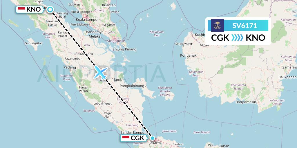 SV6171 Saudi Arabian Airlines Flight Map: Jakarta to Medan
