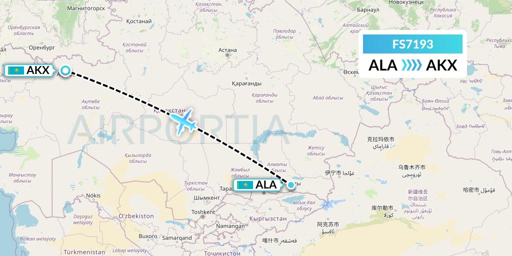 FS7193 Flyr Flight Map: Almaty to Aktobe