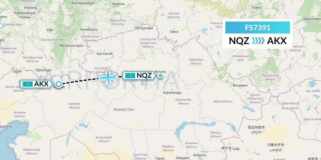 FS7391 Flyr Flight Map: Astana to Aktobe