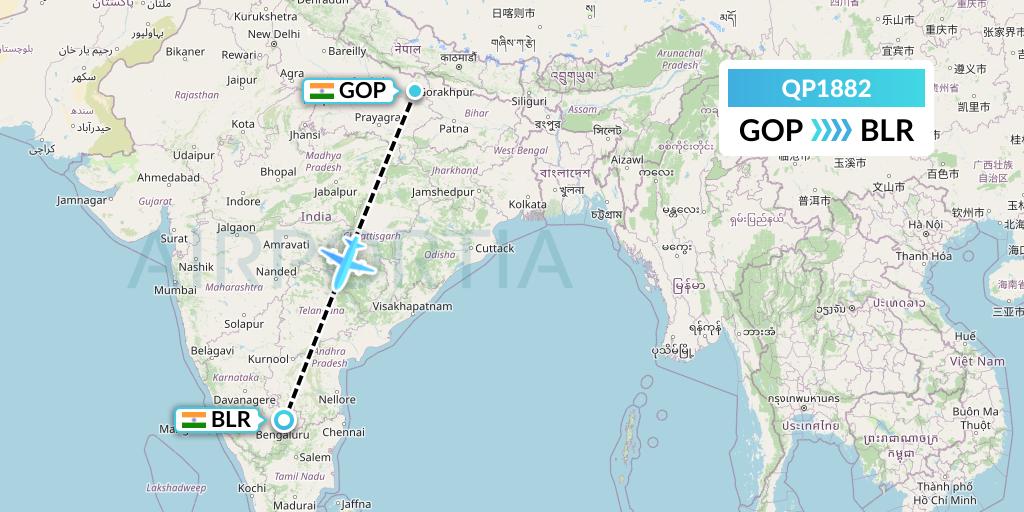 QP1882 Akasa Air Flight Map: Gorakhpur to Bangalore