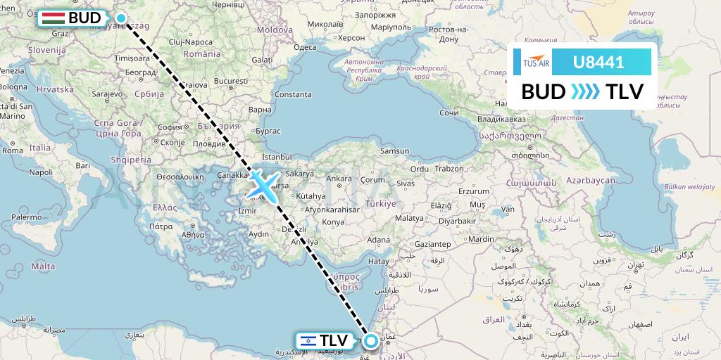 U8441 Tus Airways Flight Map: Budapest to Tel Aviv