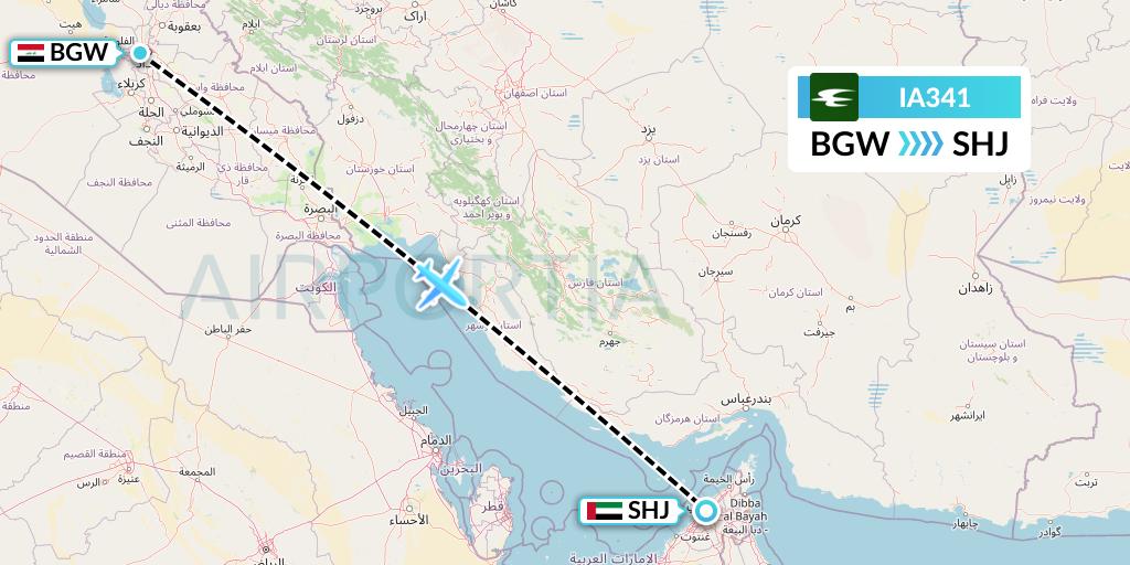 IA341 Iraqi Airways Flight Map: Baghdad to Sharjah