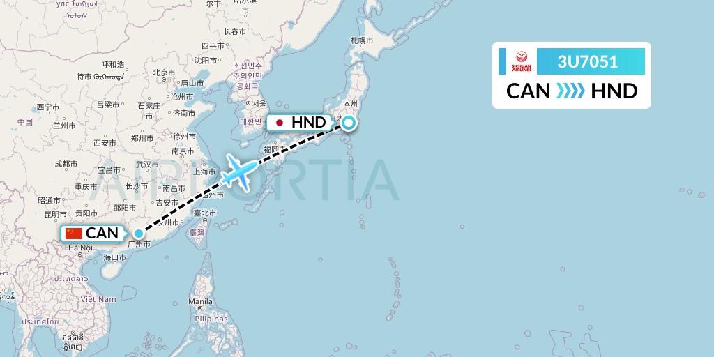 3U7051 Sichuan Airlines Flight Map: Guangzhou to Tokyo