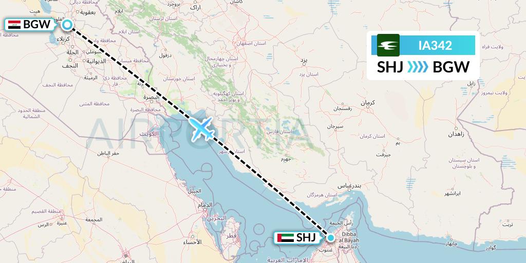IA342 Iraqi Airways Flight Map: Sharjah to Baghdad