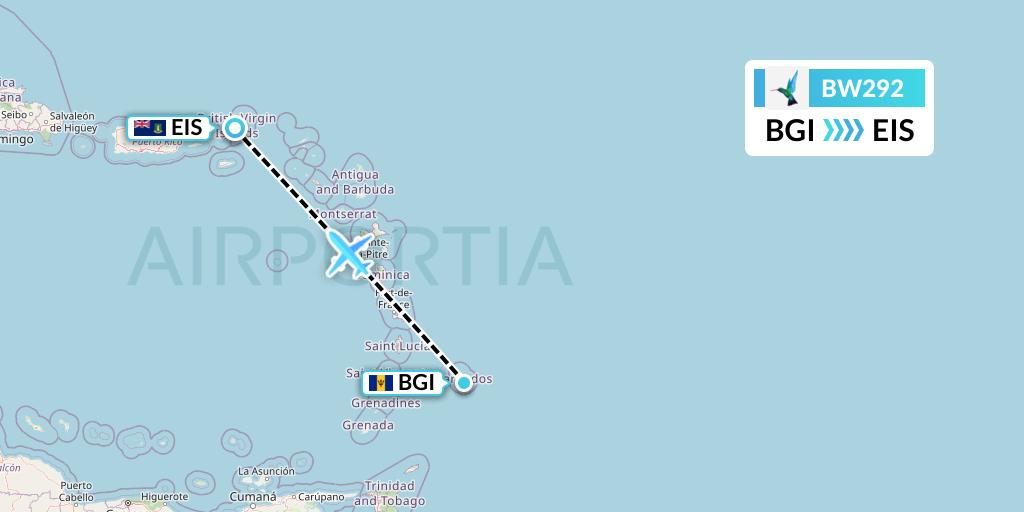 BW292 Caribbean Airlines Flight Map: Bridgetown to Beef Island