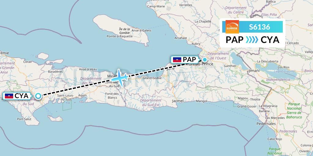 S6136 Sunrise Airways Flight Map: Port-au-Prince to Les Cayes