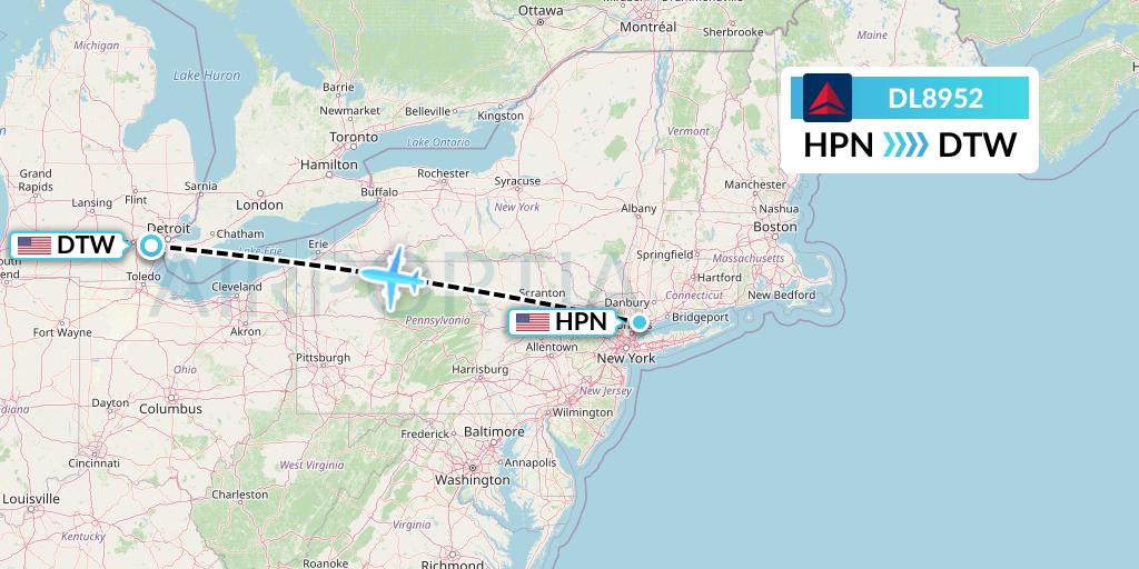 DL8952 Delta Air Lines Flight Map: White Plains to Detroit