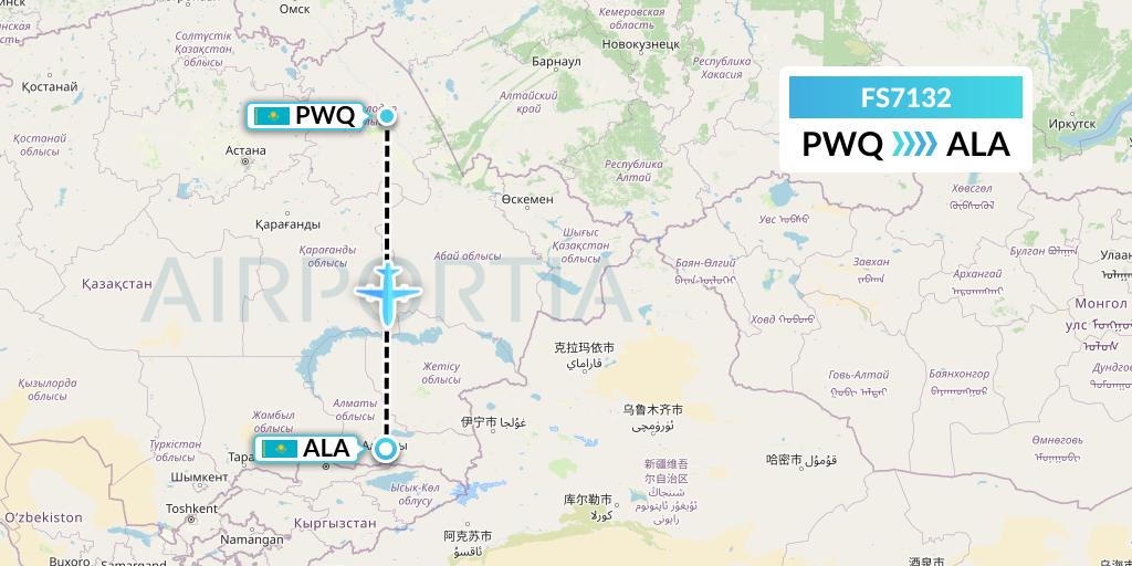 FS7132 Flyr Flight Map: Pavlodar to Almaty