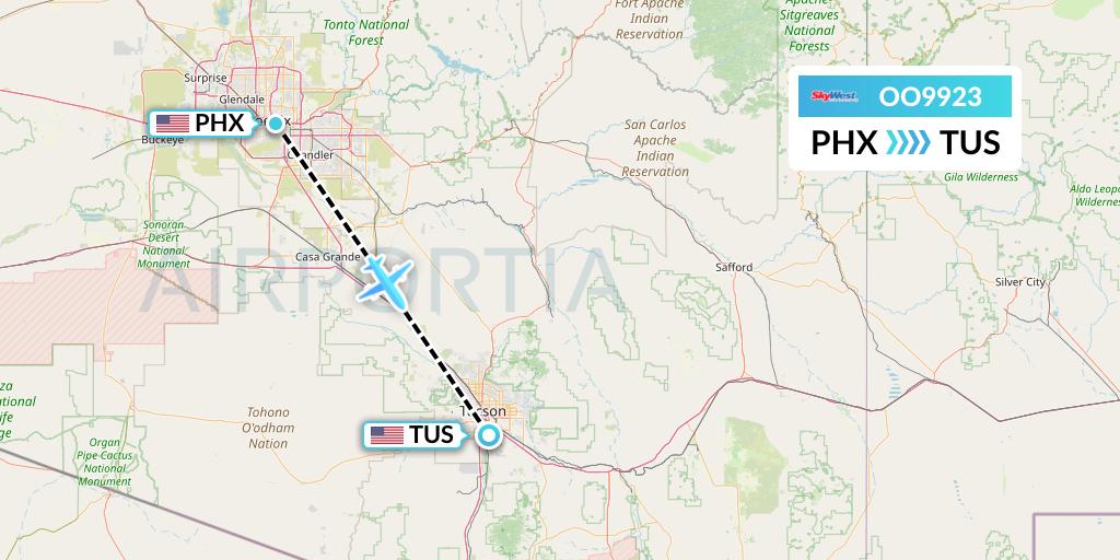 OO9923 SkyWest Airlines Flight Map: Phoenix to Tucson