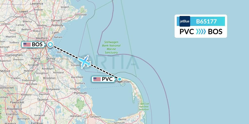 B65177 JetBlue Airways Flight Map: Provincetown to Boston