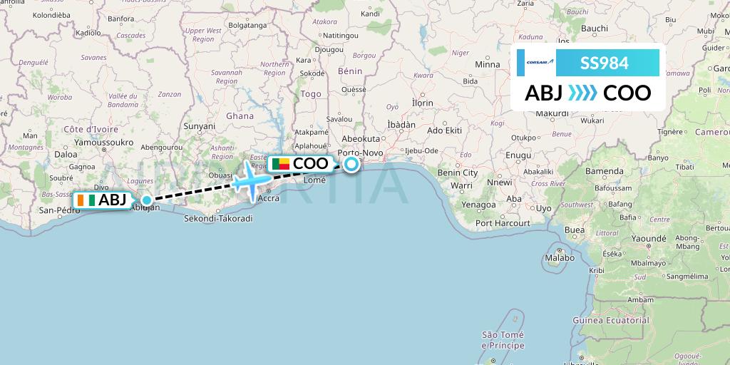 SS984 Corsair Flight Map: Abidjan to Cotonou