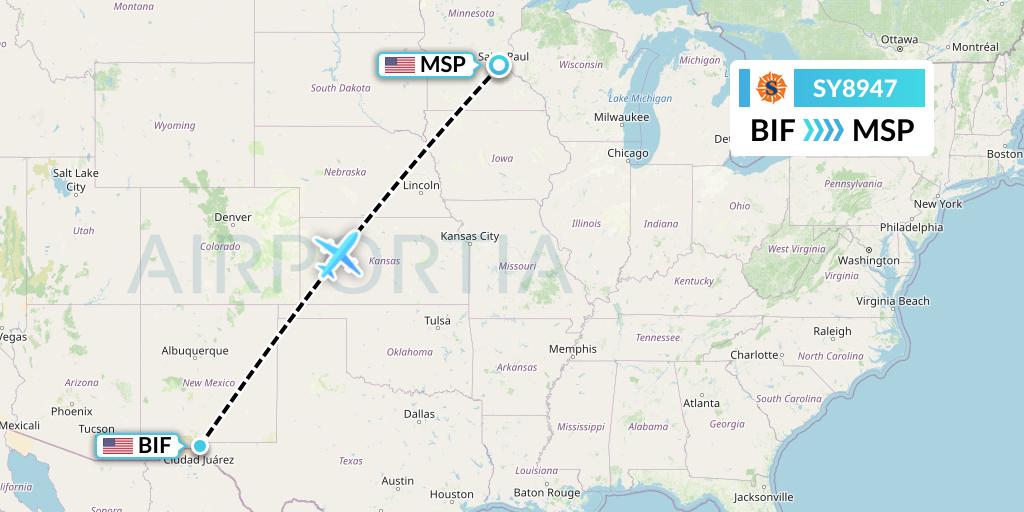 SY8947 Sun Country Airlines Flight Map: Fort Bliss-El Paso to Minneapolis