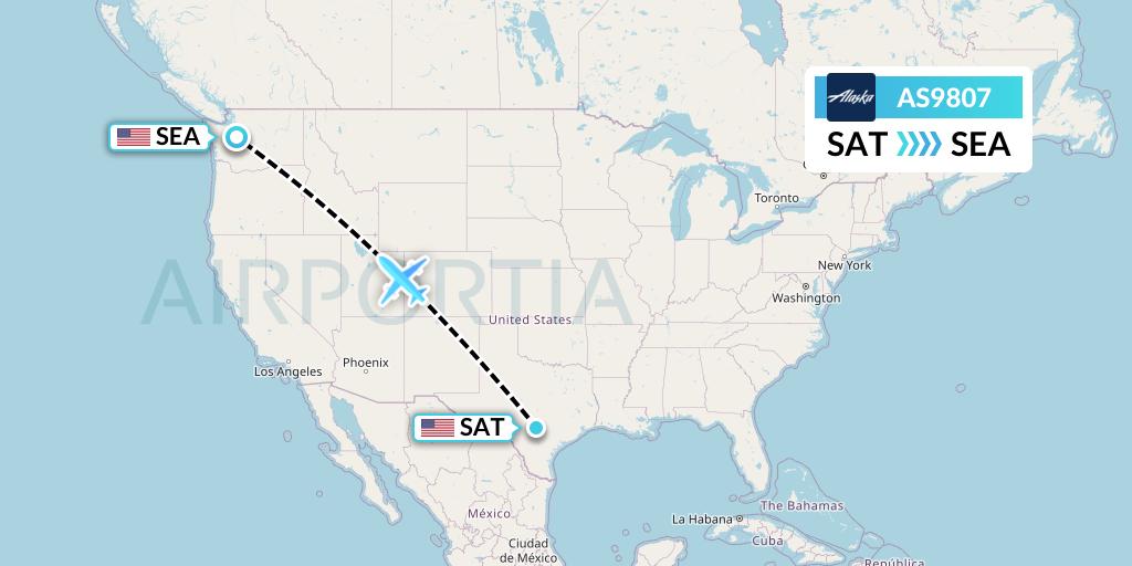 AS9807 Alaska Airlines Flight Map: San Antonio to Seattle