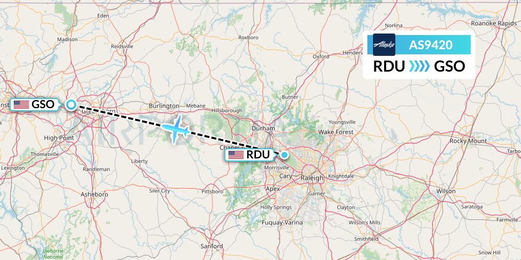 AS9420 Alaska Airlines Flight Map: Raleigh-Durham to Greensboro
