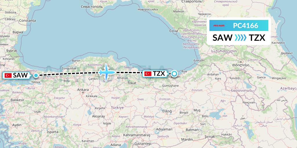 PC4166 Pegasus Airlines Flight Map: Istanbul to Trabzon