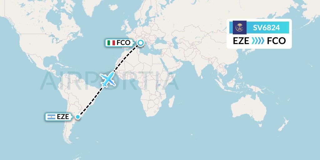 SV6824 Saudi Arabian Airlines Flight Map: Buenos Aires to Rome