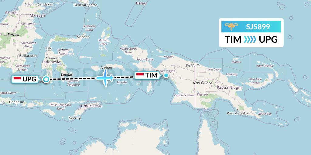 SJ5899 Sriwijaya Air Flight Map: Timika to Makassar