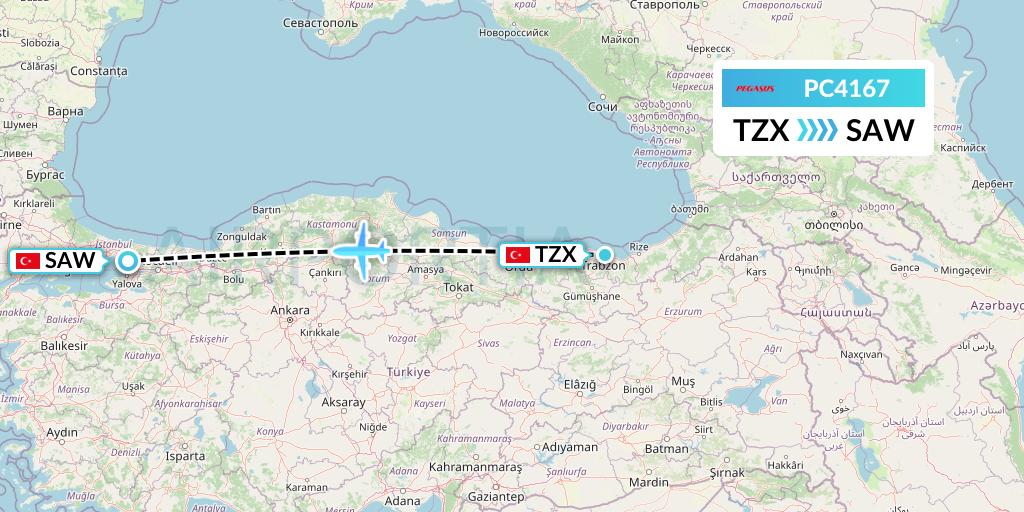 PC4167 Pegasus Airlines Flight Map: Trabzon to Istanbul