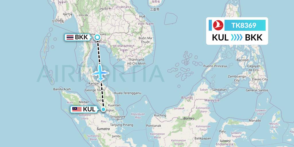 TK8369 Turkish Airlines Flight Map: Kuala Lumpur to Bangkok