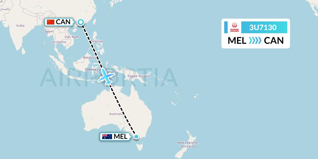 3U7130 Sichuan Airlines Flight Map: Melbourne to Guangzhou