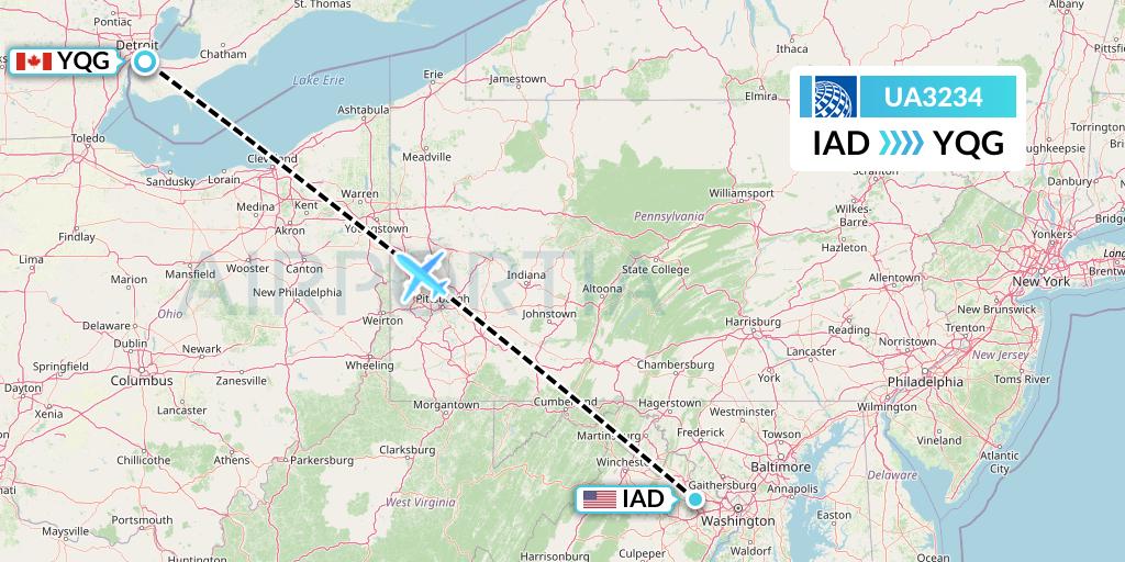 UA3234 United Airlines Flight Map: Washington to Windsor