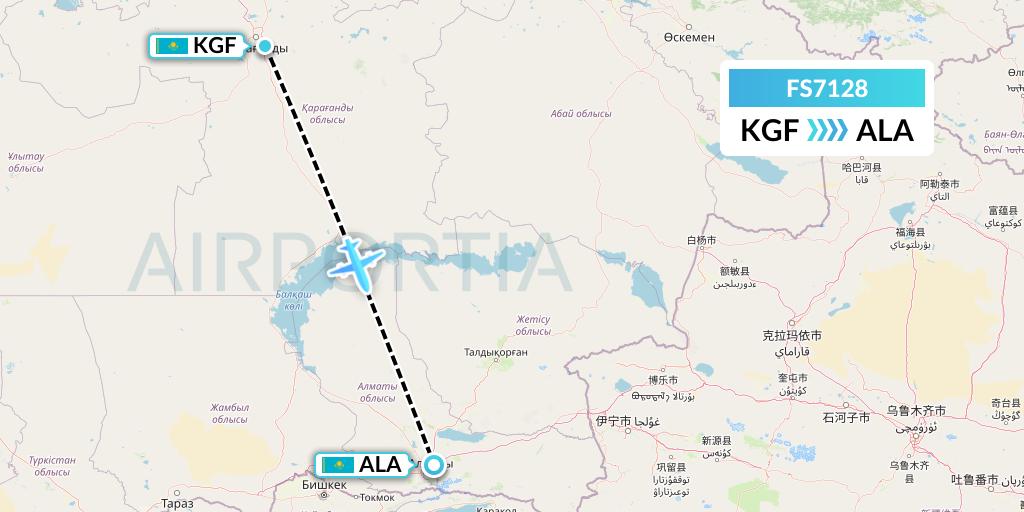 FS7128 Flyr Flight Map: Karaganda to Almaty
