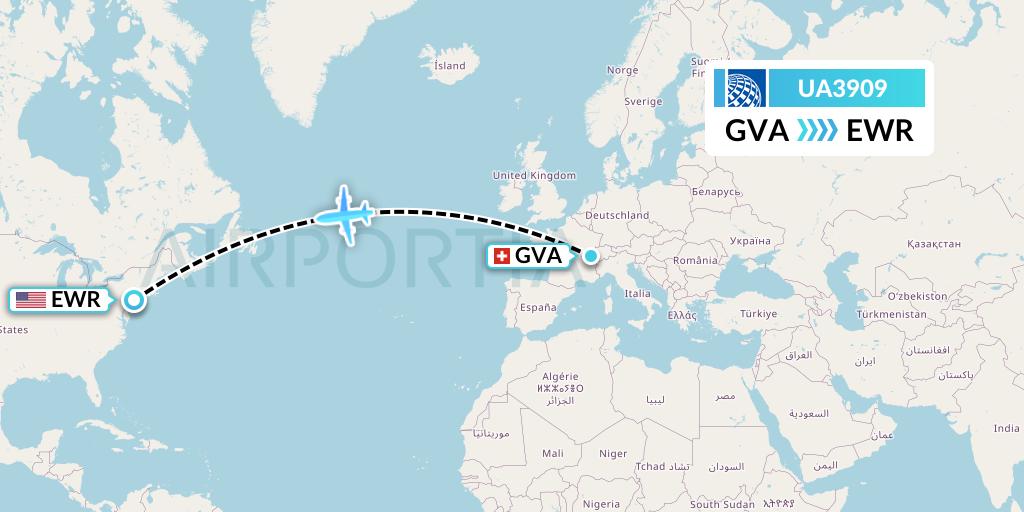 UA3909 United Airlines Flight Map: Geneva to New York