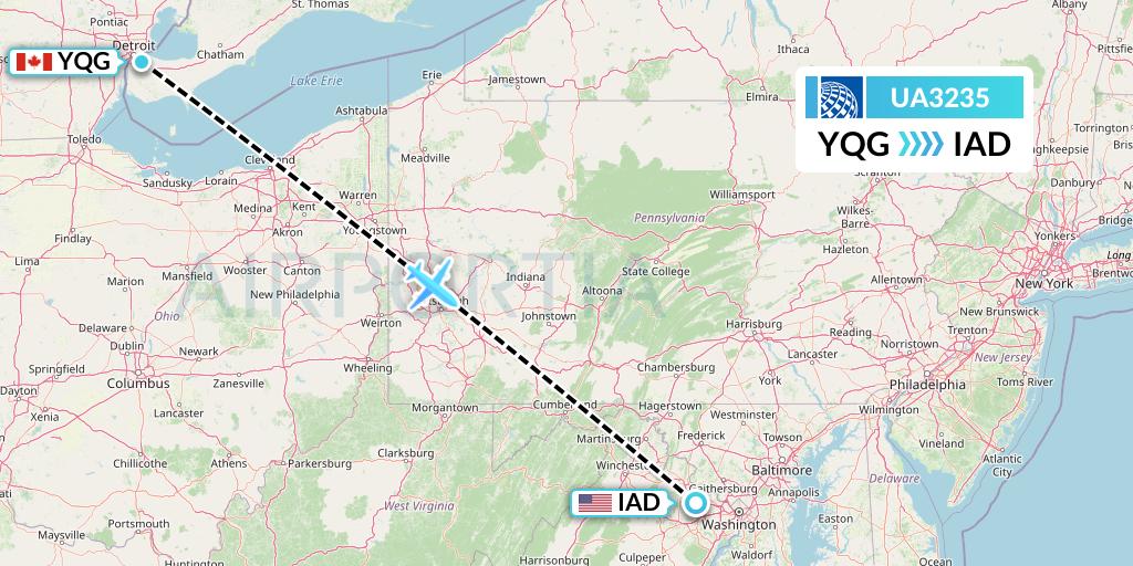 UA3235 United Airlines Flight Map: Windsor to Washington