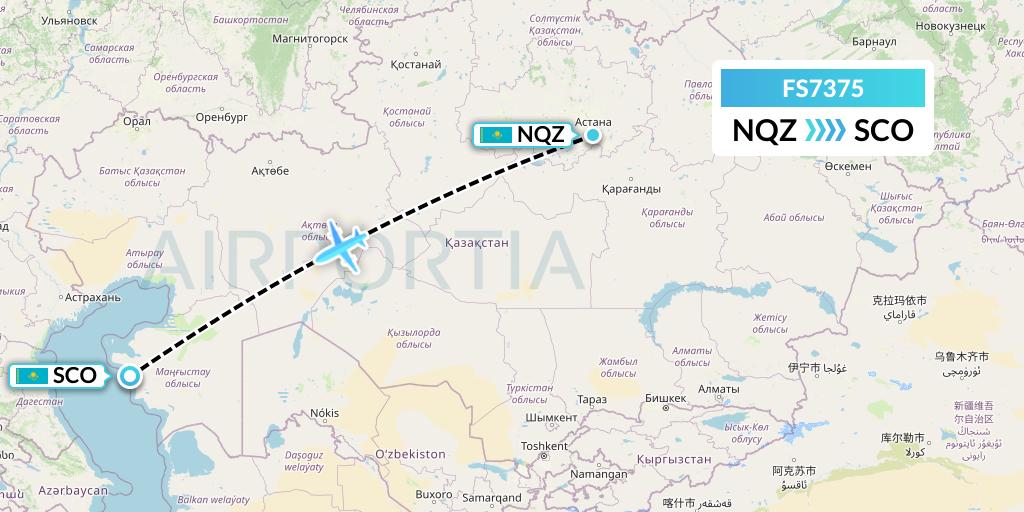 FS7375 Flyr Flight Map: Astana to Aktau