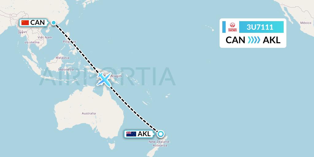 3U7111 Sichuan Airlines Flight Map: Guangzhou to Auckland